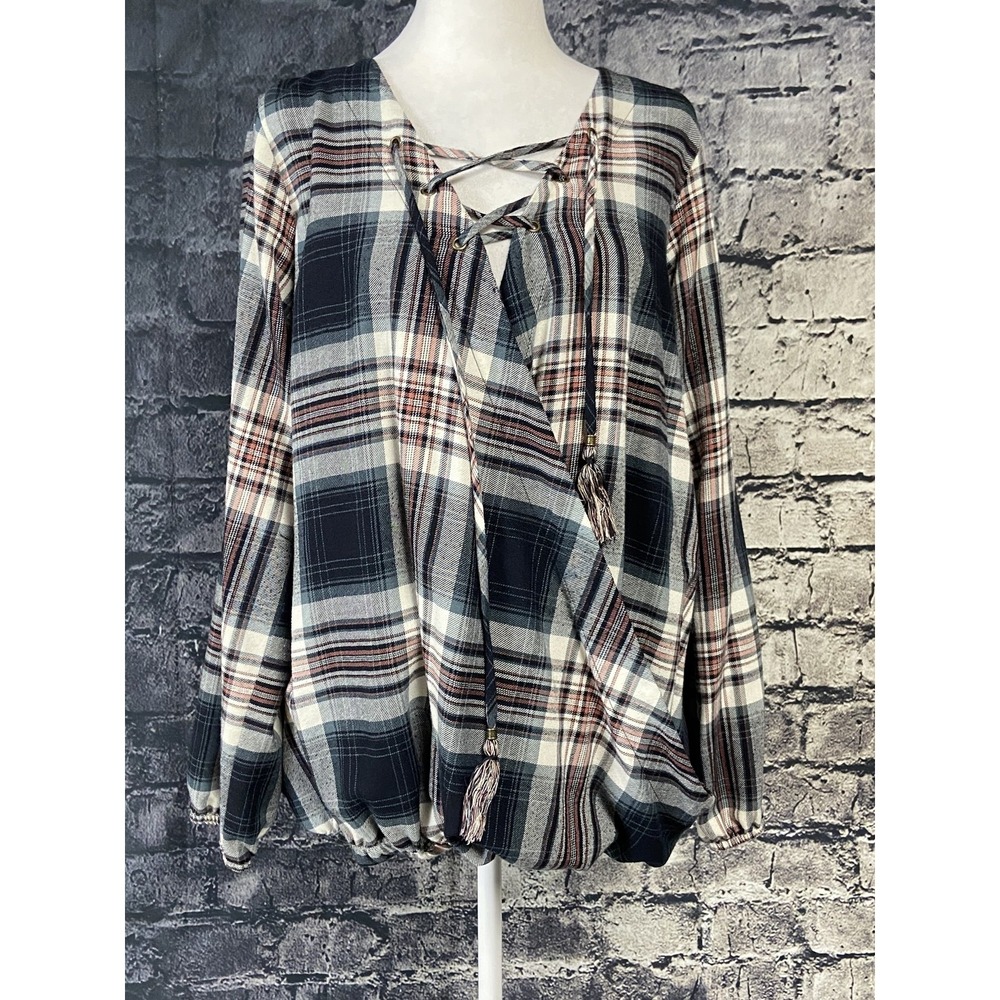 Knox Rose Blouse‎ Womens Large Navy Plaid Lace Up Tassel Peasant Top Boho